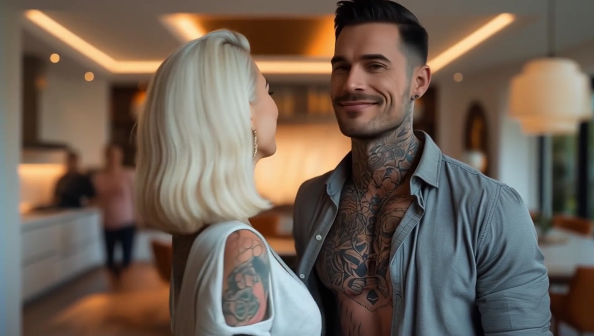 La protagonista junto a su pareja, representando una vida en equilibrio